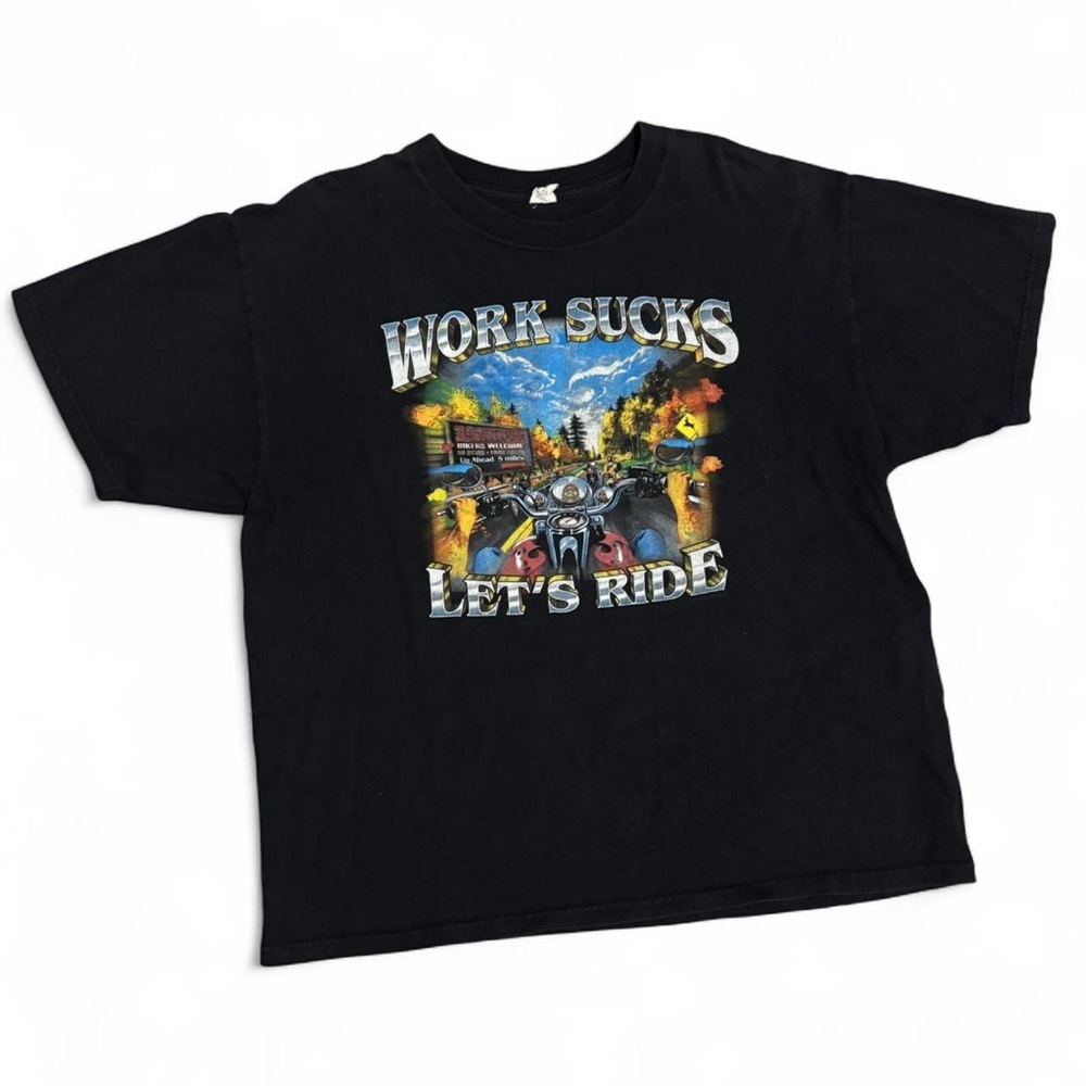 Vintage Biker Graphic Tee, ‘Work Sucks, Let’s Ride’, Size XL